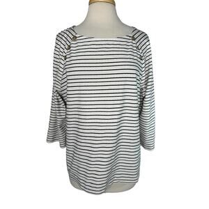 CHICOS Easywear Nautical Blue White Textured Stripe 3/4 Sleeve Top Size Large 2